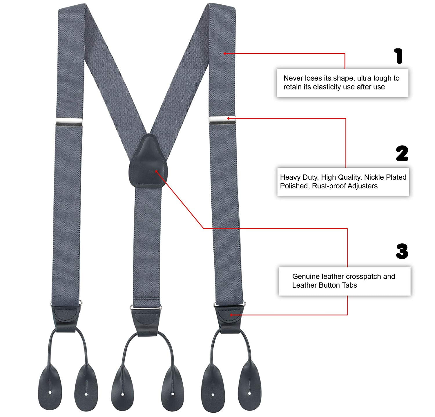 Hold'em Y-Back Genuine Leather Trimmed Button Suspenders for Men Adult - White