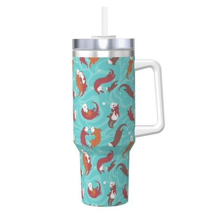 

Cauagu Sea Otters Family In Blue Water Print Stainless Steel Vacuum Insulated Tumbler 40oz Water Bottle with Handle & Flip Straw Reusable Travel Coffee Mug for Women & Men