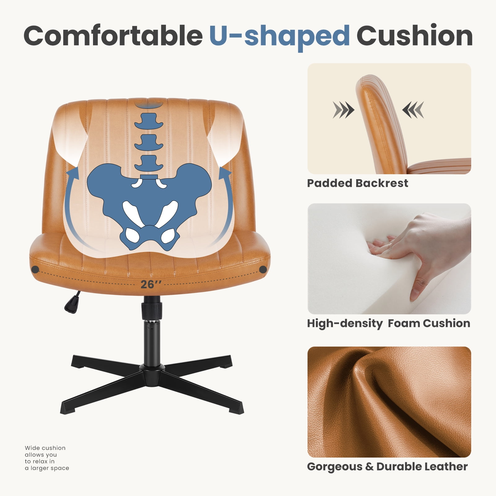 EDX Armless PU Leather Office Chair Criss Cross Legged Chair No Wheels, Comfy Home Office Desk Chairs, Brown