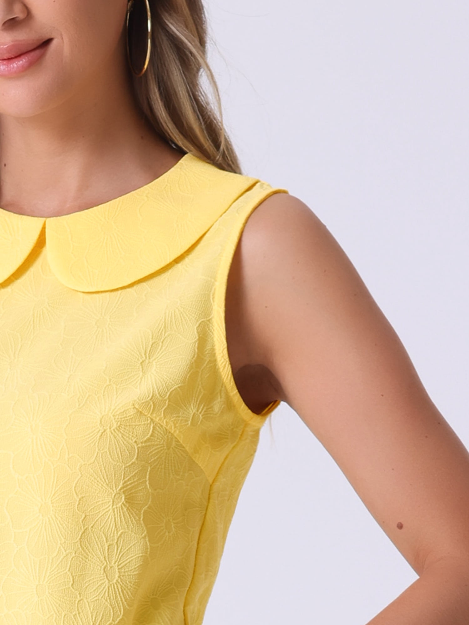 DARING DIVA Women's Peter Pan Collar Sleeveless Jacquard Floral Blouses M Yellow