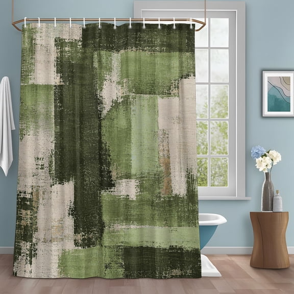 Moss Green Shower Curtain with Hooks, Cream Freen Color Block Patchwork Abstract Splatter Style Sturdy Water Repellent Shower Curtains for Bathroom Bathtub, Machine Washable Curtains 60x72 Inch