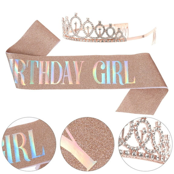 KAKOWELY 2Pcs Pink Crown and Sash for Birthday Party Decorations for Girls