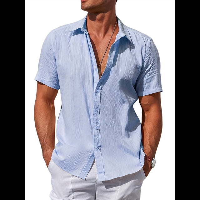 Camisas Casuales de Algodón de Corta para Hombre, con Botones y Cuello, para Playa y Verano Azul XL