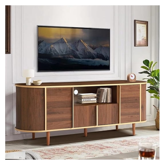 63" Fluted TV Stand for TVs Up to 75 inches, Modern Entertainment Center with Cord Management, TV Console with Adjustable Shelves and Faux Marble Top, Media Console for Living Room (Brown)