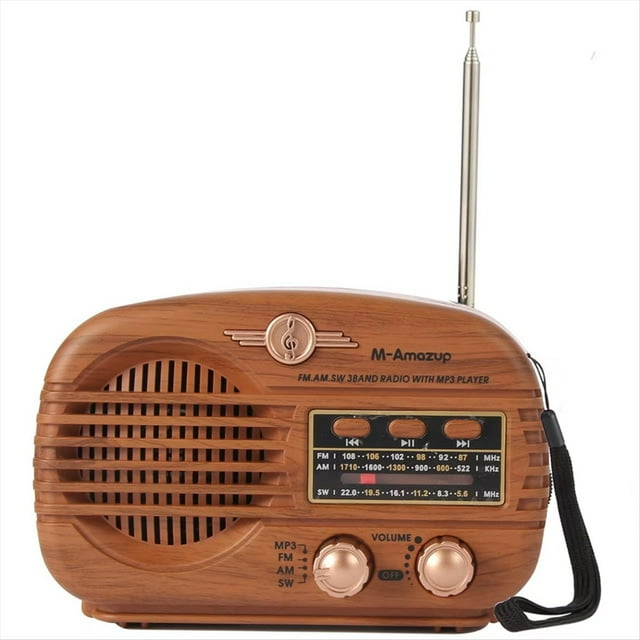 Radio Bluetooth Retro, Radio Portátil AM FM con Transistores, Radio A Pilas, Reproductor de Música USB, Madera.