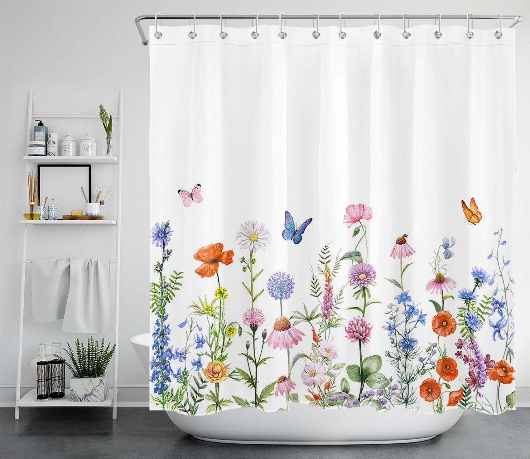 HVEST Floral Shower Curtain Watercolor Wild Flower Butterfly Plant Shower Curtains for Bathroom Colorful Botanical Bathroom Curtain Polyester Farmhouse Fabric Bathroom Decor with Hooks, 70x69 Inch