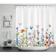 HVEST Floral Shower Curtain Watercolor Wild Flower Butterfly Plant Shower Curtains for Bathroom Colorful Botanical Bathroom Curtain Polyester Farmhouse Fabric Bathroom Decor with Hooks, 70x69 Inch