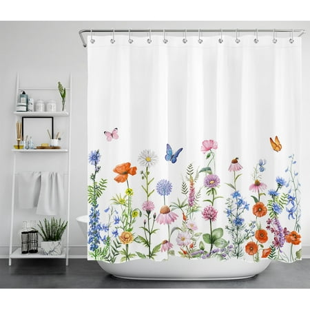 HVEST Floral Shower Curtain Watercolor Wild Flower Butterfly Plant Shower Curtains for Bathroom Colorful Botanical Bathroom Curtain Polyester Farmhouse Fabric Bathroom Decor with Hooks, 70x69 Inch