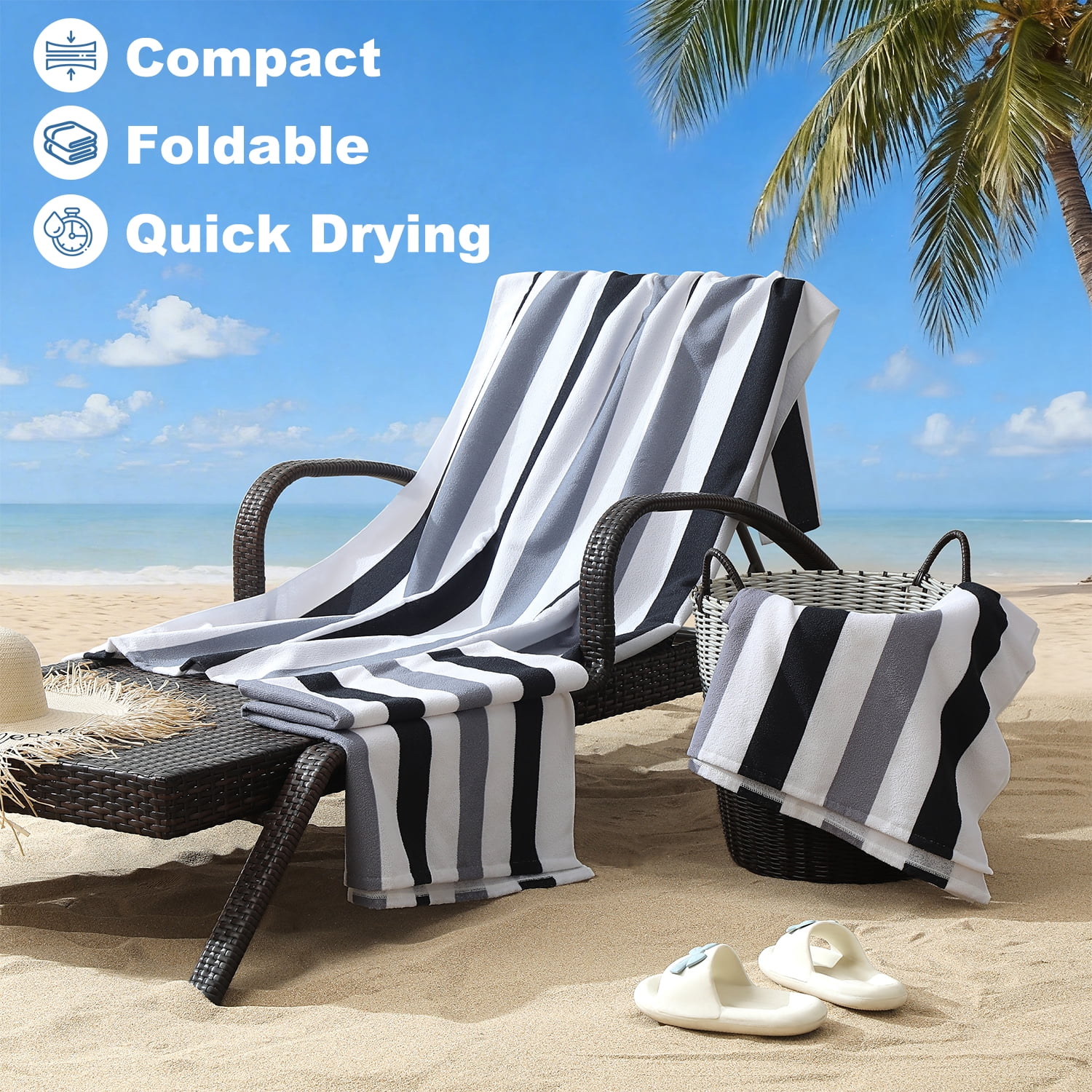 Jessy Home 4 Pack Black White Gray Oversized Beach Towel Set, 40"x70" Striped Beach Towels Super Absorbent Towels for Beach, Pool