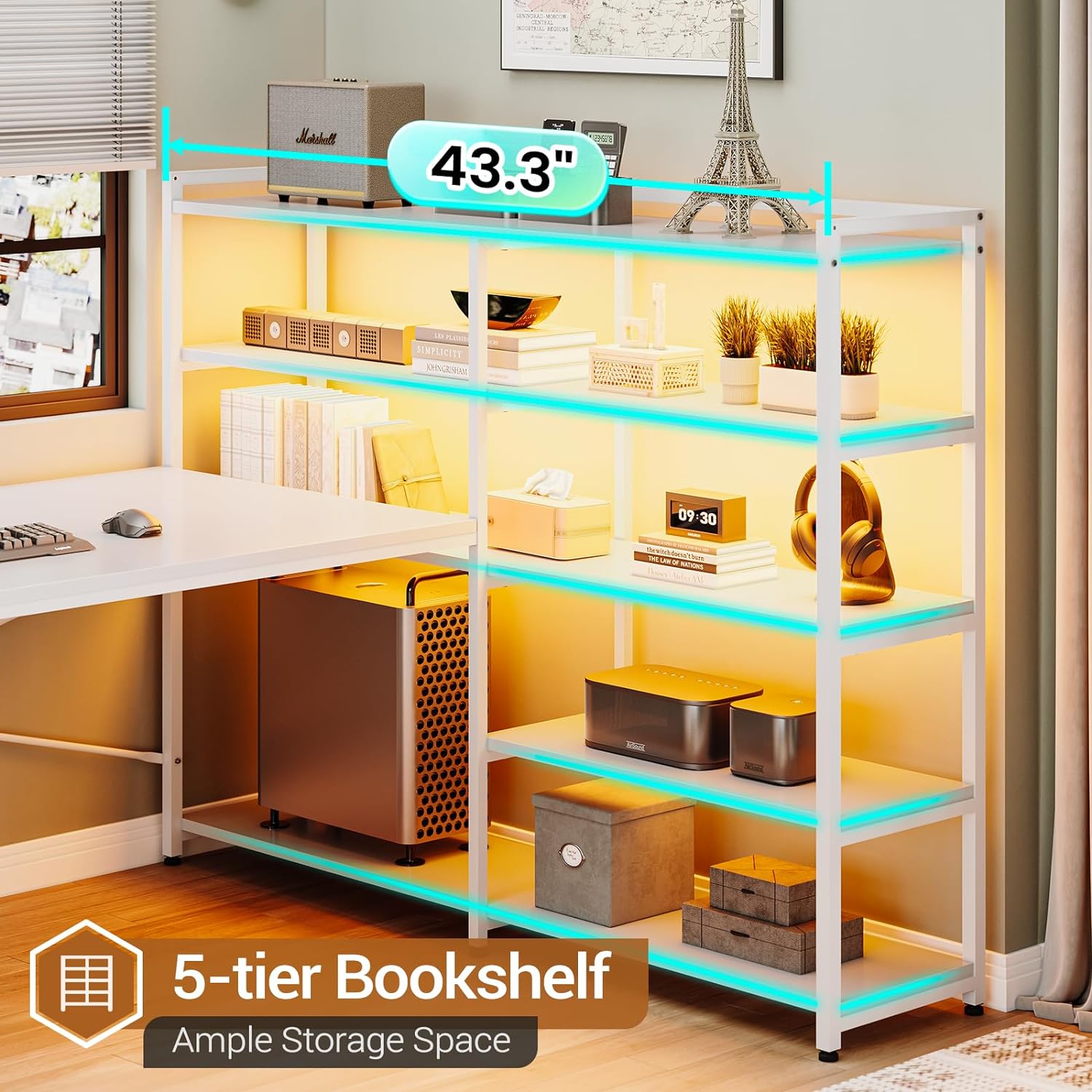White 64.5" Reversible Office Desk with Fabric File Drawer, Computer Desk with Storage Bookshelf and Drawers, Corner Computer Desk with Power Outlet & LED Strip