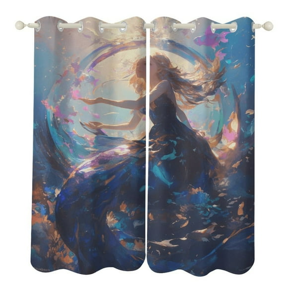 Mermaid Glitter Fish Scale Girls Blackout Curtains, Watercolor Pattern Window Treatment Grommet Curtains for Bedroom Thermal Insulated Window Curtains for Living Room 2 Panel Set
