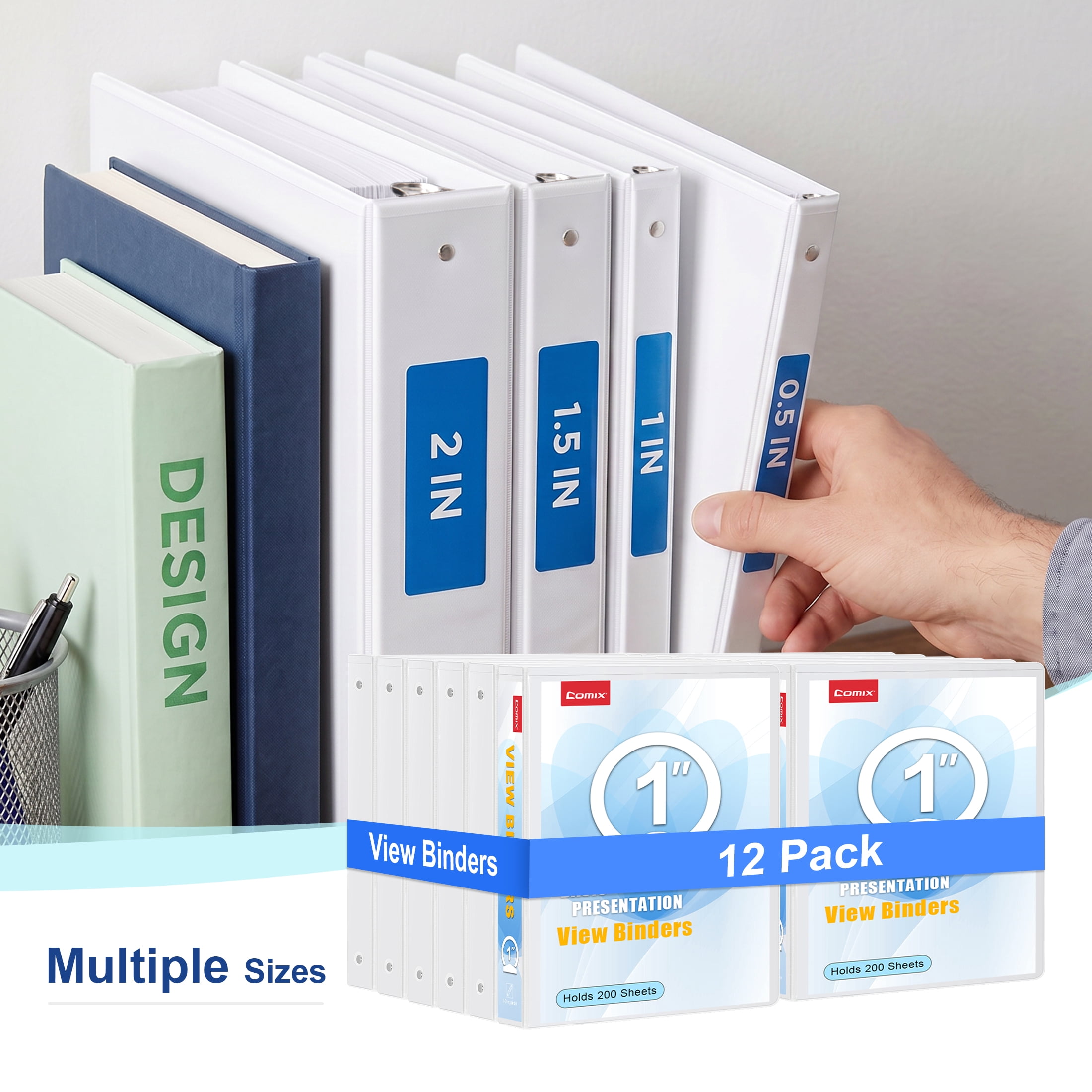 Comix 1 inch 3 Ring Binders, 1" Round Ring, 200 Sheet Capacity,School Supplies, 12 Pack White