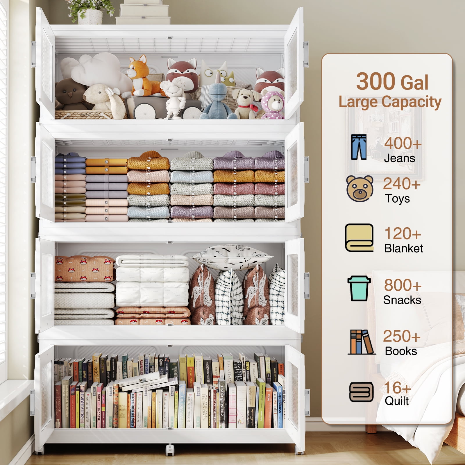 1200Qt Extra Large Stackable Storage Bins with Lid, 300Gal Collapsible Closet Organizer and Storage Drawers with Wheels, Plastic Storage Box, 4Packs, White