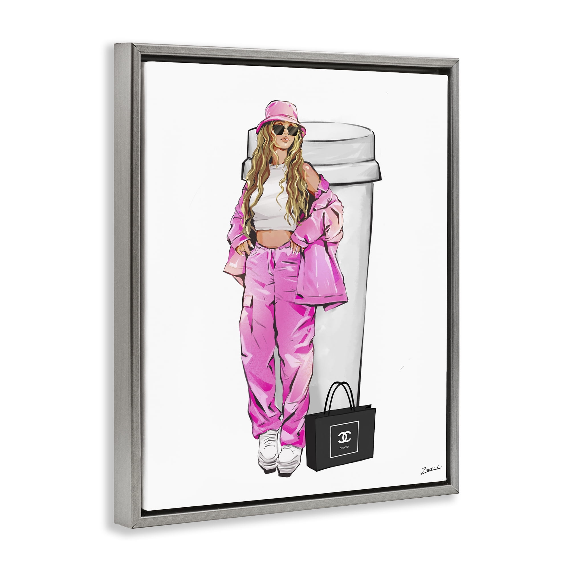 Stupell Industries Coffee Cup Fashionista Food & Beverage Painting Gray Floater Framed Canvas Art Print Wall Art, 17 x 21