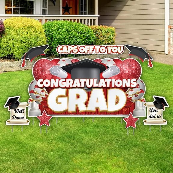 VictoryStore Oversized Red Congratulations Grad, Caps Off To You EZ Yard Card Set, 8 Pieces