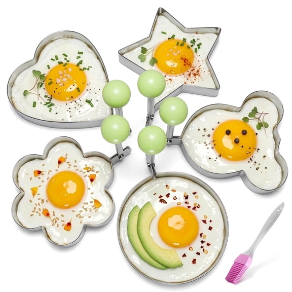Xlhshop 5 Pcs Fun Shape Pancake & Egg Molds, Stainless Steel Griddle Cooking Set with Silicone Brush