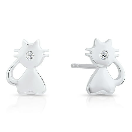 Tilo Jewelry 925 Sterling Silver Kitty Cat CZ Stud Post Earrings with Secure Push-Backs | Everyday Dainty Small Earrings for Women & Unisex