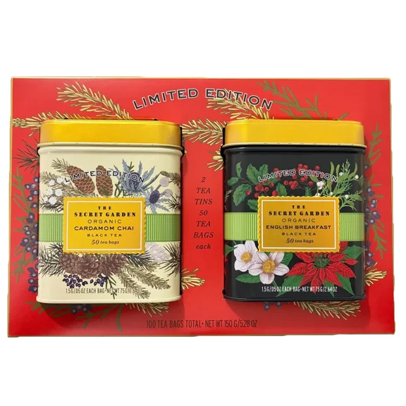 Secret Garden Organic Tea Gift Set, Cardamom Chai & English Breakfast, 100 Tea Bags