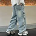 thumbnail image 5 of KAUOD Boys Ripped Cargo Jeans Loose High Waist Straight Wide Leg Hip Hop Denim Pants Retro Multi Pocket Stretchy Trousers, 5 of 9
