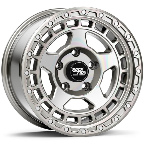 RockTrix RT115 17 inch Wheel Compatible with Jeep Wrangler JK JL 17x9 5x5 Wheels (-12mm Offset, 4.5in Backspace) 5x5 PCD, 71.5mm Bore, Silver Polished Wheels, Also fits Gladiator JT Rims