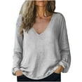 thumbnail image 2 of pstuiky Summer Tops Cotton and Linen Solid Color V-Neck Womens Linen Tops Leisure Loose Fit Long Sleeve Tie Front Shirts Gray M, 2 of 7