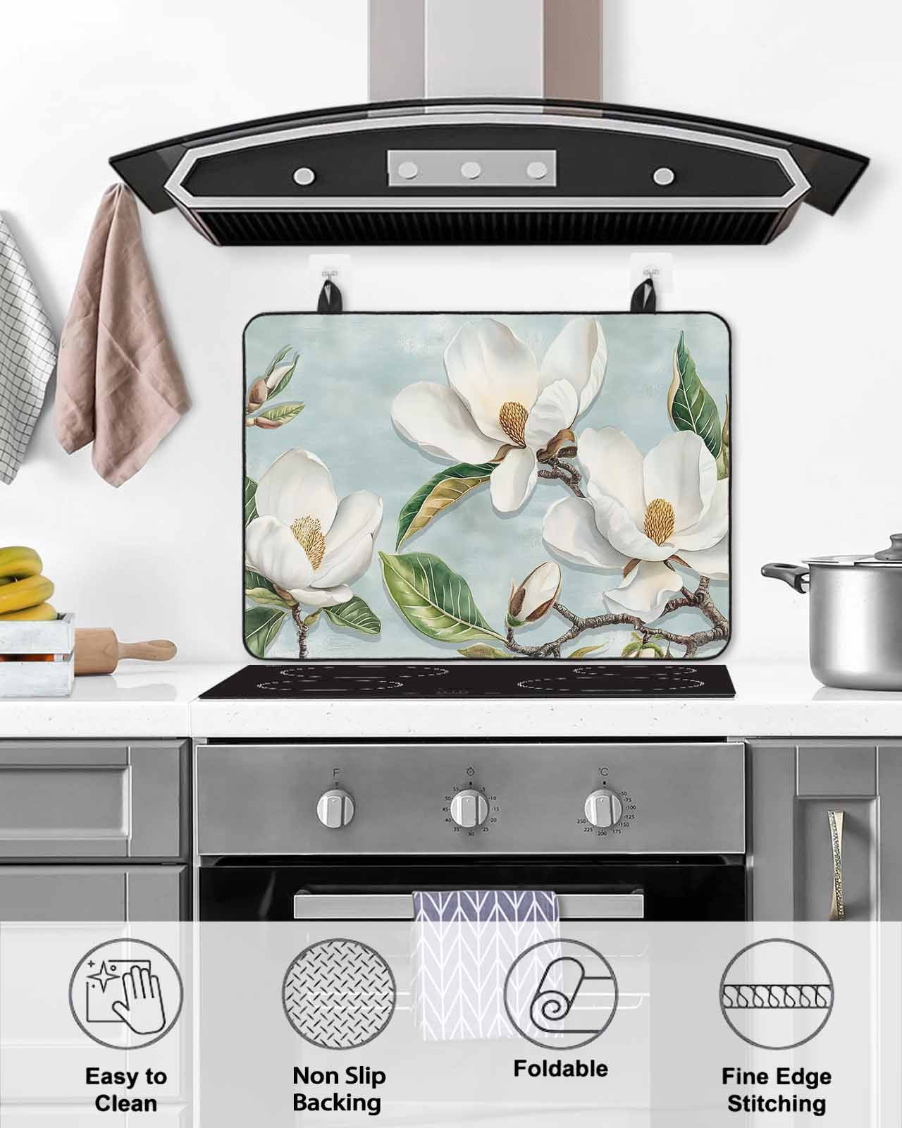 nqOlkjepod Large Induction Cooktop Protector Mat 24"x21", Botanical Flowers Stove Top Covers for Electric Stove, Country Magnolia Leaves Branches Stove Burner Cover Mats, Glass Top Stove Cover