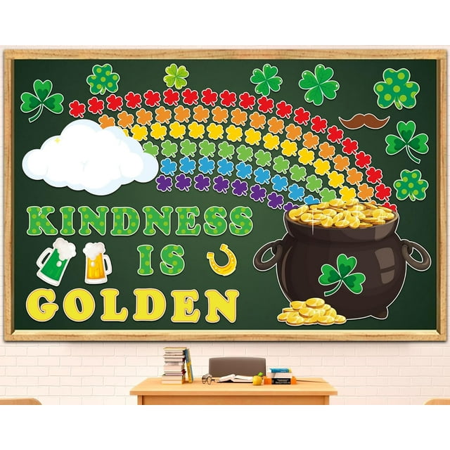 155PCS St.Patrick's Day Bulletin Board Decoration Set Shamrock Bulletin Board Decoration Kindness is Golden Cutouts for Bulletin Board St.Patrick’s Party Supply Classroom Chalkboard Wall Decor