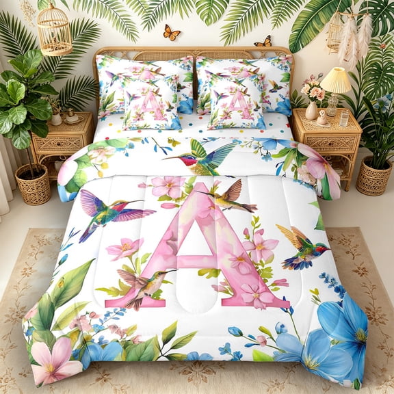 Castle Fairy Floral Letter A Hummingbird Twin Bedding Sets 7-Piece for Women,Spring Garden Bedding Comforter Set for Home Decor