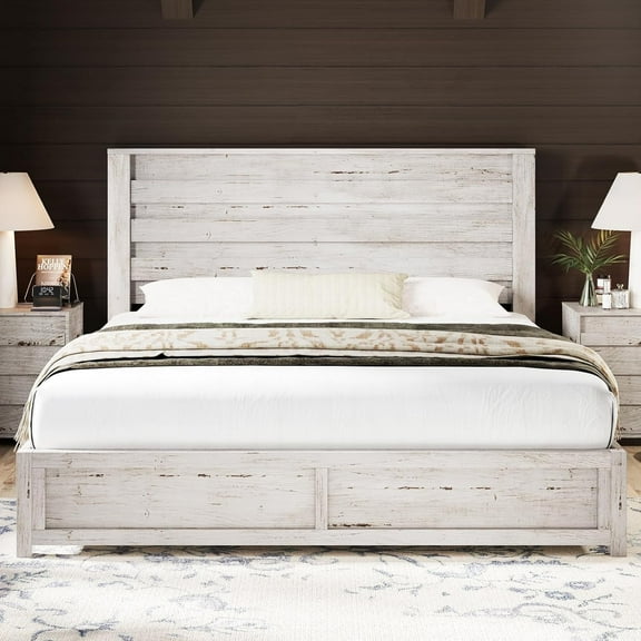 Papajet 49" H Queen Size Bed Frame with Headboard, Farmhouse Platform and Natural Wood Grain, White