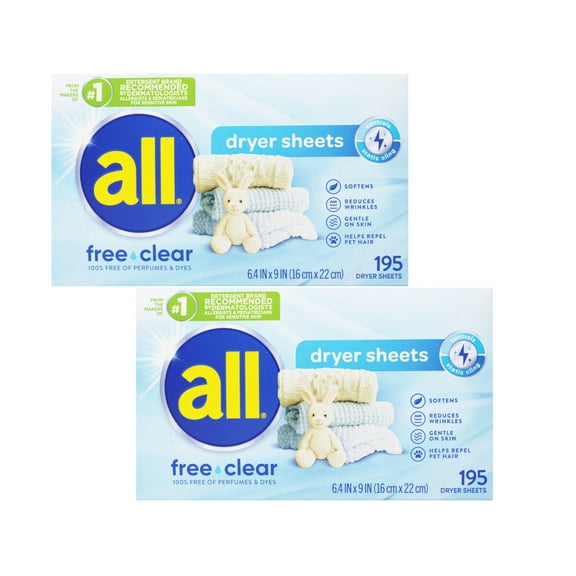 all Fabric Softener Dryer Sheets for Sensitive Skin, Free Clear, 195 Count - 2 Pack