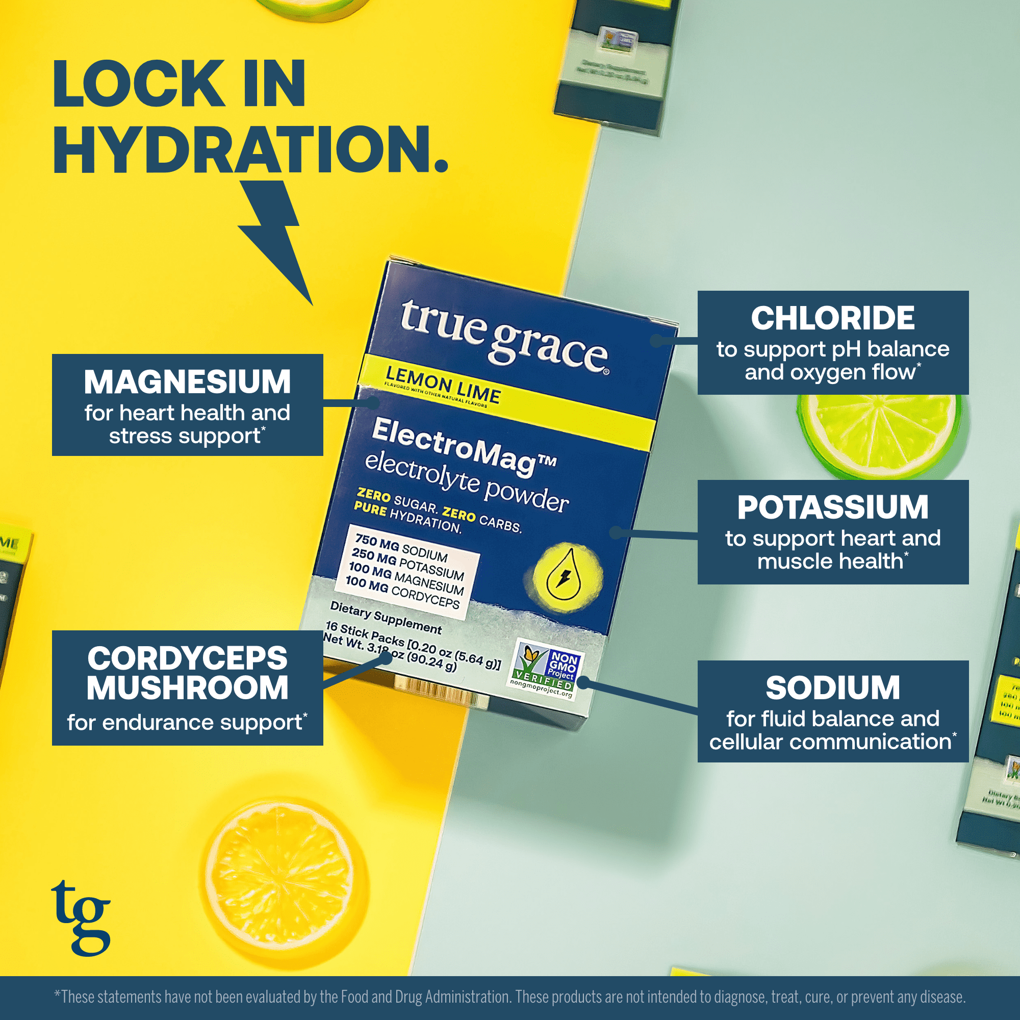 True Grace ElectroMag - 16 Stick Packs - Lemon Lime - Electrolyte Powder for Rapid Hydration - Sodium, Potassium, Magnesium & Cordyceps - Zero Sugar & Carbs - Non-GMO - 16 Total Servings