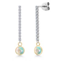Gem Stone King 14K Two Tone Gold Simulated White Opal and Lab Grown Diamond Long Liner Dangle Earrings for Women | 0.96 Cttw | Gemstone October Birthstone | Round Cabochon 6MM