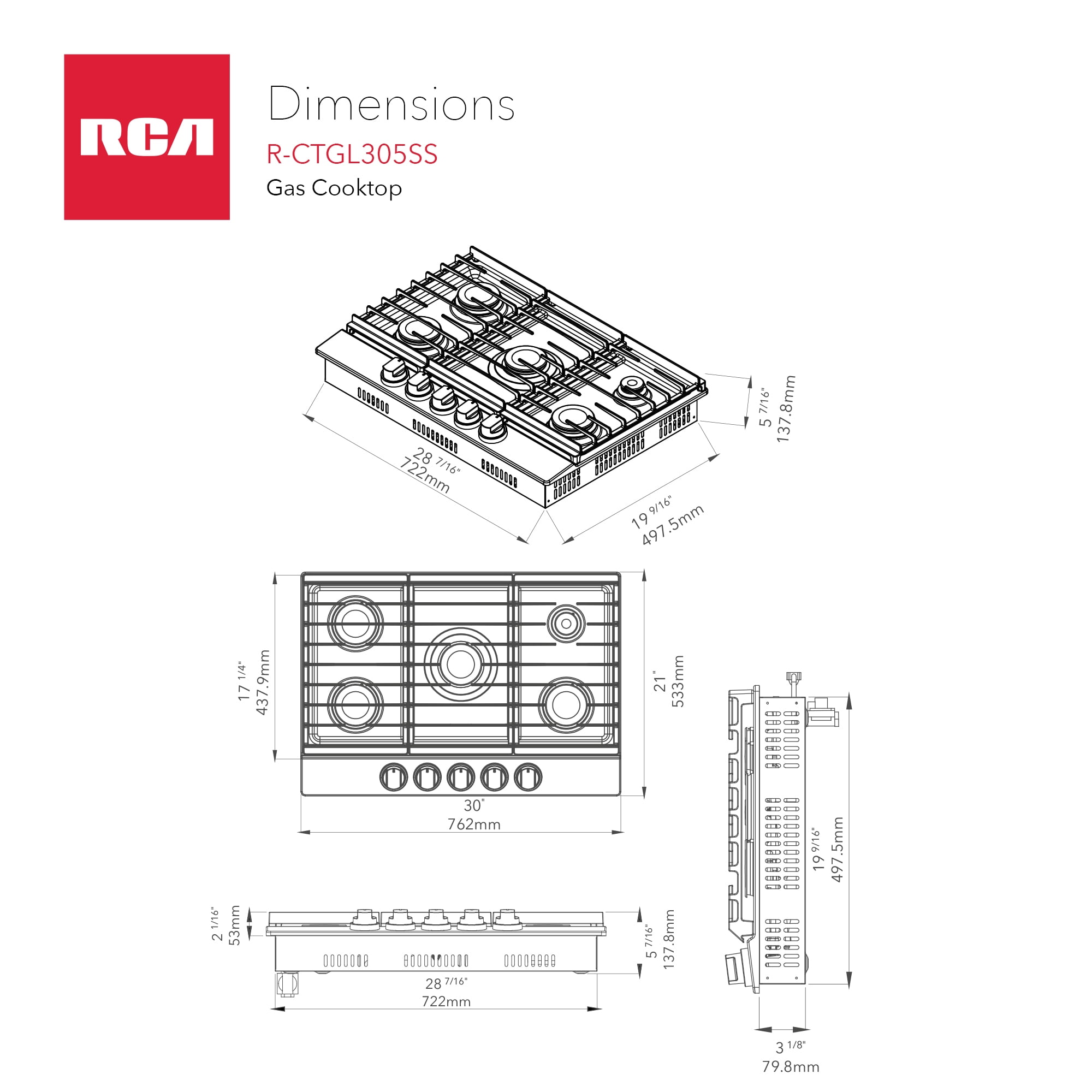 30 in. Legacy Collection Drop-In Gas Cooktop, 5 Burners, Cast Iron Grates, Metal Knobs in Stainless Steel