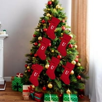 Red Christmas Knitted Stockings with 2 Plush Red Small Round Ball,17 Inches Knitted Christmas Stocking Decor 26 Letter Embroidery Hanging Ornaments Stockings