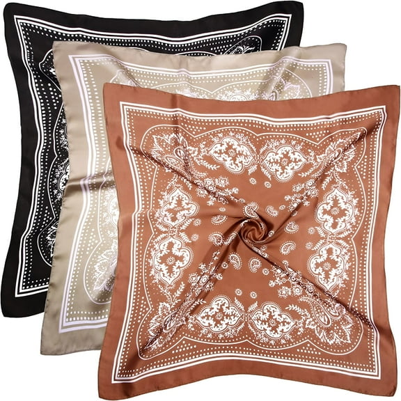 TELOLY 27.5 Inches Silk Head Scarf for Women Men Vintage Bandanas Satin Hair Scarf Silk Wrap Neck Square Scarves, Brown, Khaki, Black