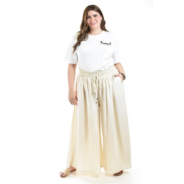 Pantalon de lino pierna ancha Roman Fashion /Tallas Extras, 9203 (Arena) beige 42