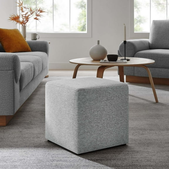 Callum 17" Square Woven Heathered Fabric Ottoman in Heathered Weave Light Gray