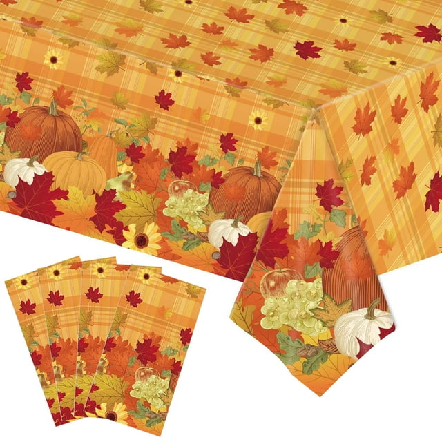 4 Pieces Fall Tablecloth Maple Leave Theme Party Autumn Pumpkin Leaves Disposable Plastic Fall Thanksgiving Table Cover Decoration Supplies Favors