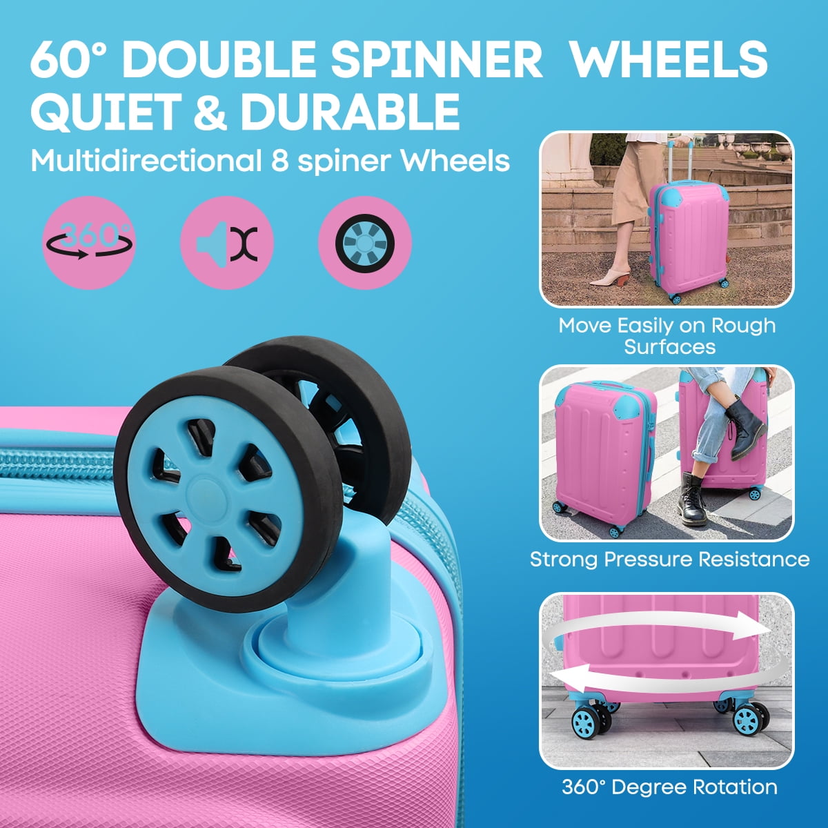 3 Piece Hardside Luggage Set, Expandable ABS Spinner Suitcases (20/24/28) – Lightweight & Scratch-Resistant Travel Luggage, Pink -EL2401