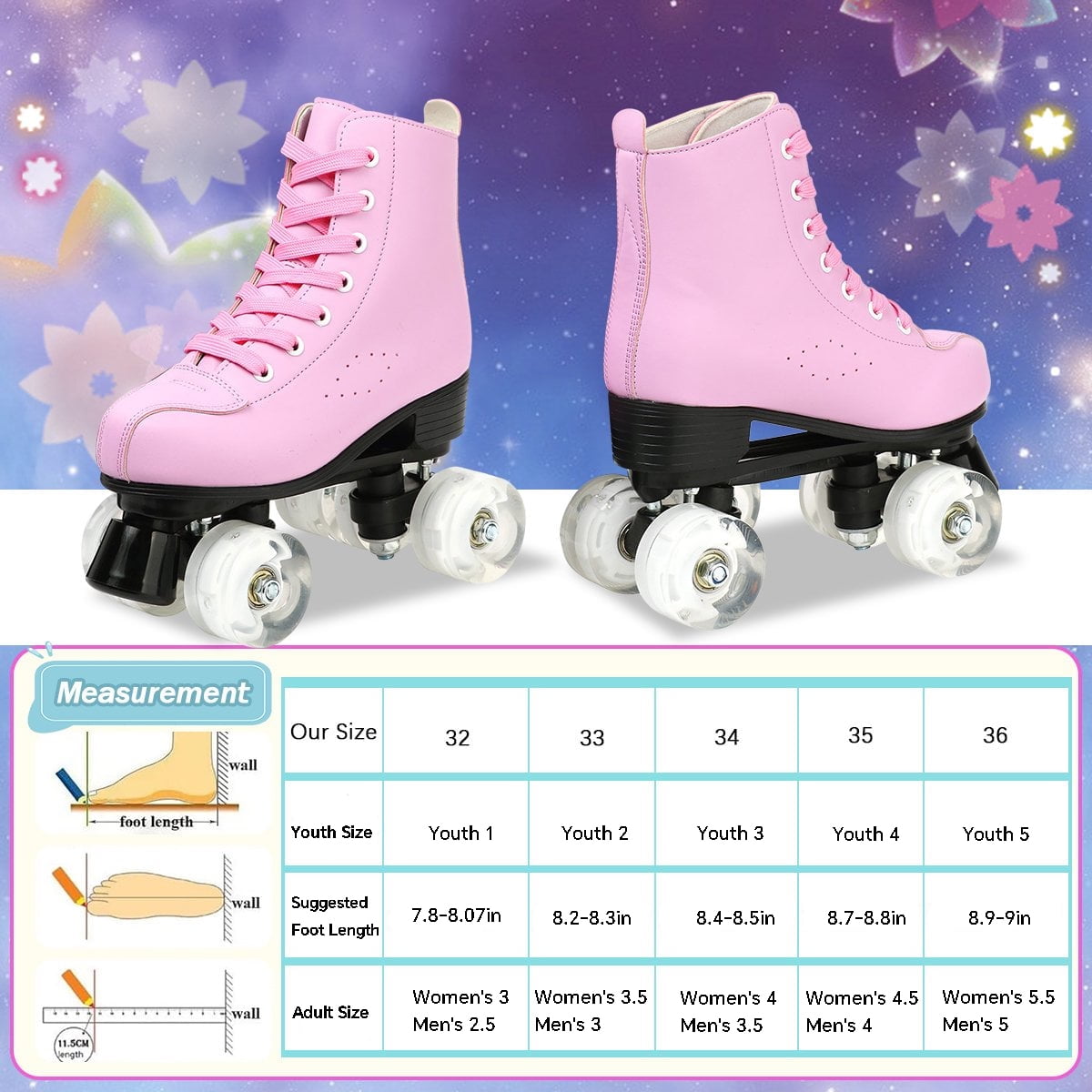 EONROACOO Pink Roller Skates for Girls Boys, Light up Wheels Teen Kids Skates,Youth 1