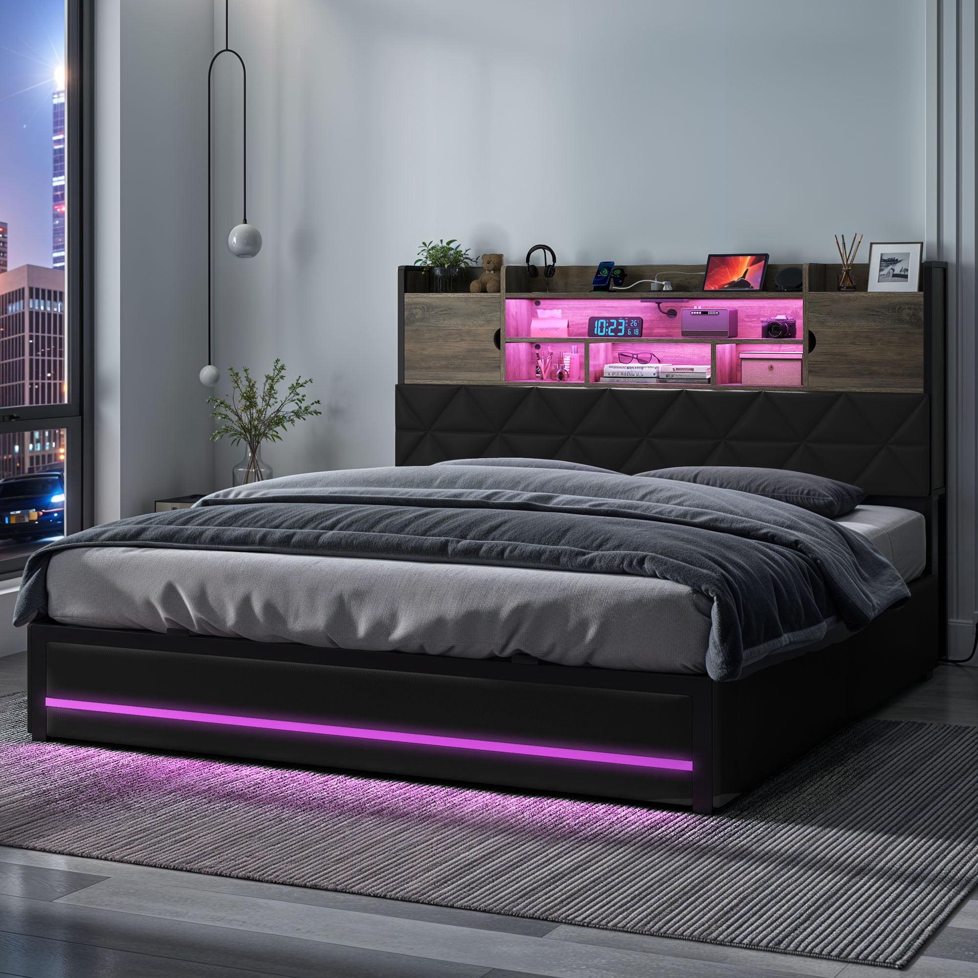 Uforic Queen Size PU Leather Platform Bed Frame with RGB Ambient Light, Bookcase Headboard & 4 Underbed Storage Drawers, Easy Assembly, Black
