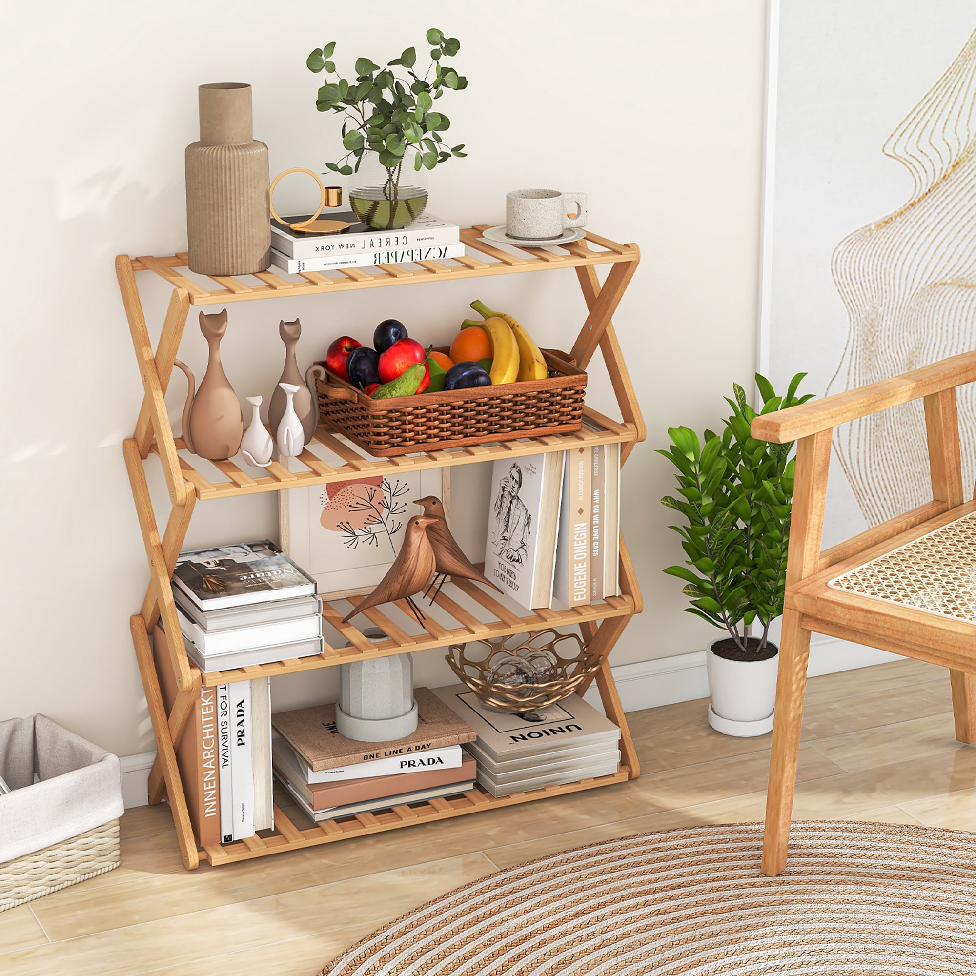 Gymax 4-Tier Foldable Bamboo Shoe Rack Multi-Functional