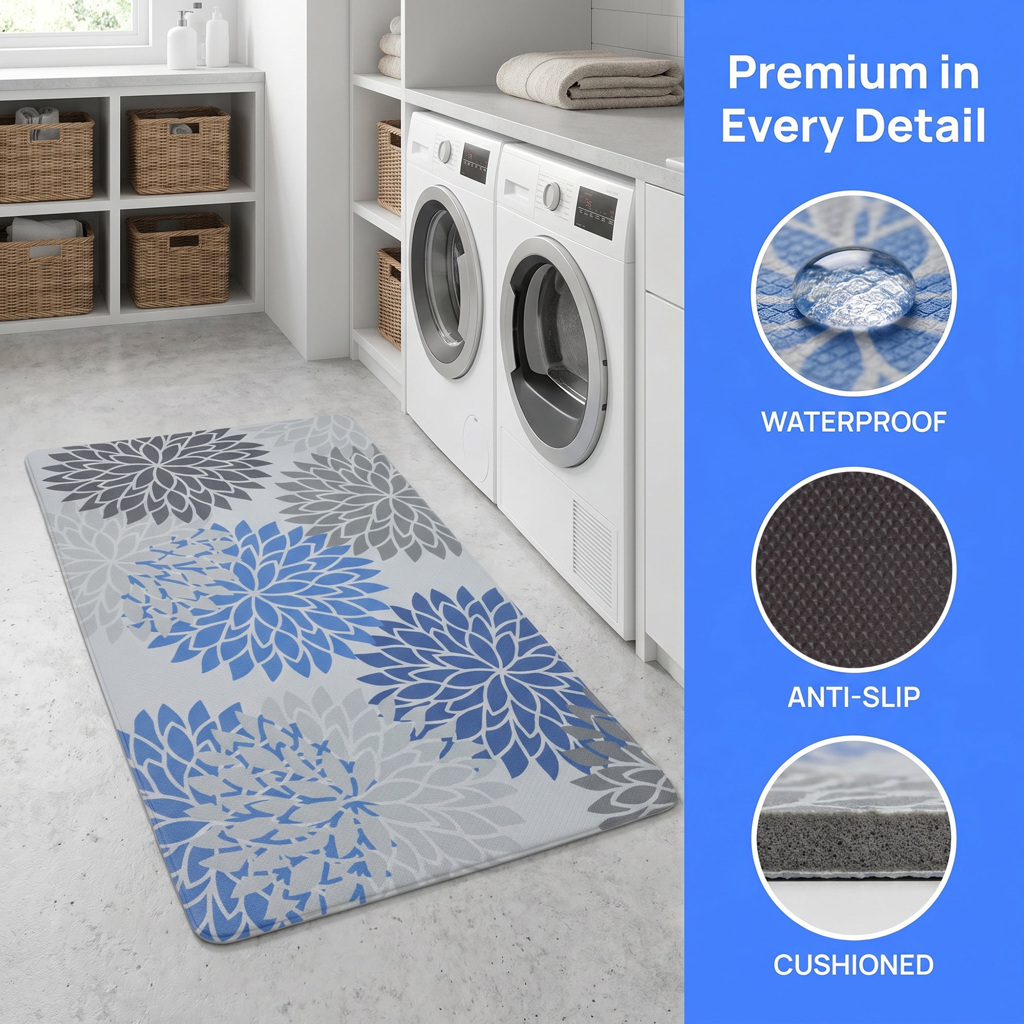 Unique Bargains Ergonomic Kitchen Mats Blue 30" x 17"