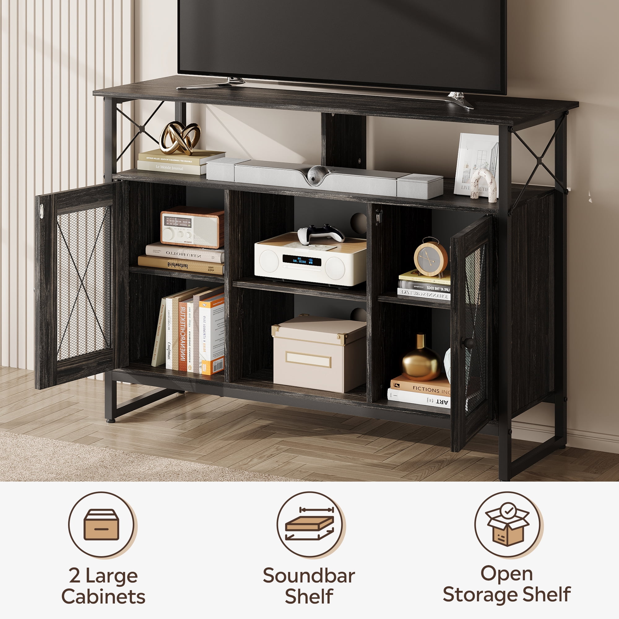 GALAXHERO TV Stand for 43 inch TV Small Entertainment Center with Storage Cabinet & Adjustable Shelves Farmhouse Industrial TV Table for Living Room and Bedroom, 32" TV Console, Black