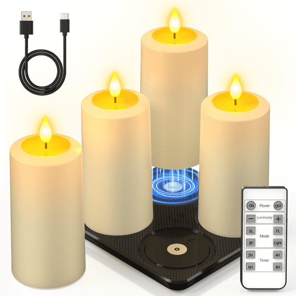 PChero 4Pack Rechargeable Flameless Candles with Remote Timer, Flickering LED Pillar Candle with Magnetic Charging Base, Battery Electric Fake Candles for Home Decor Halloween Christmas, Ivory