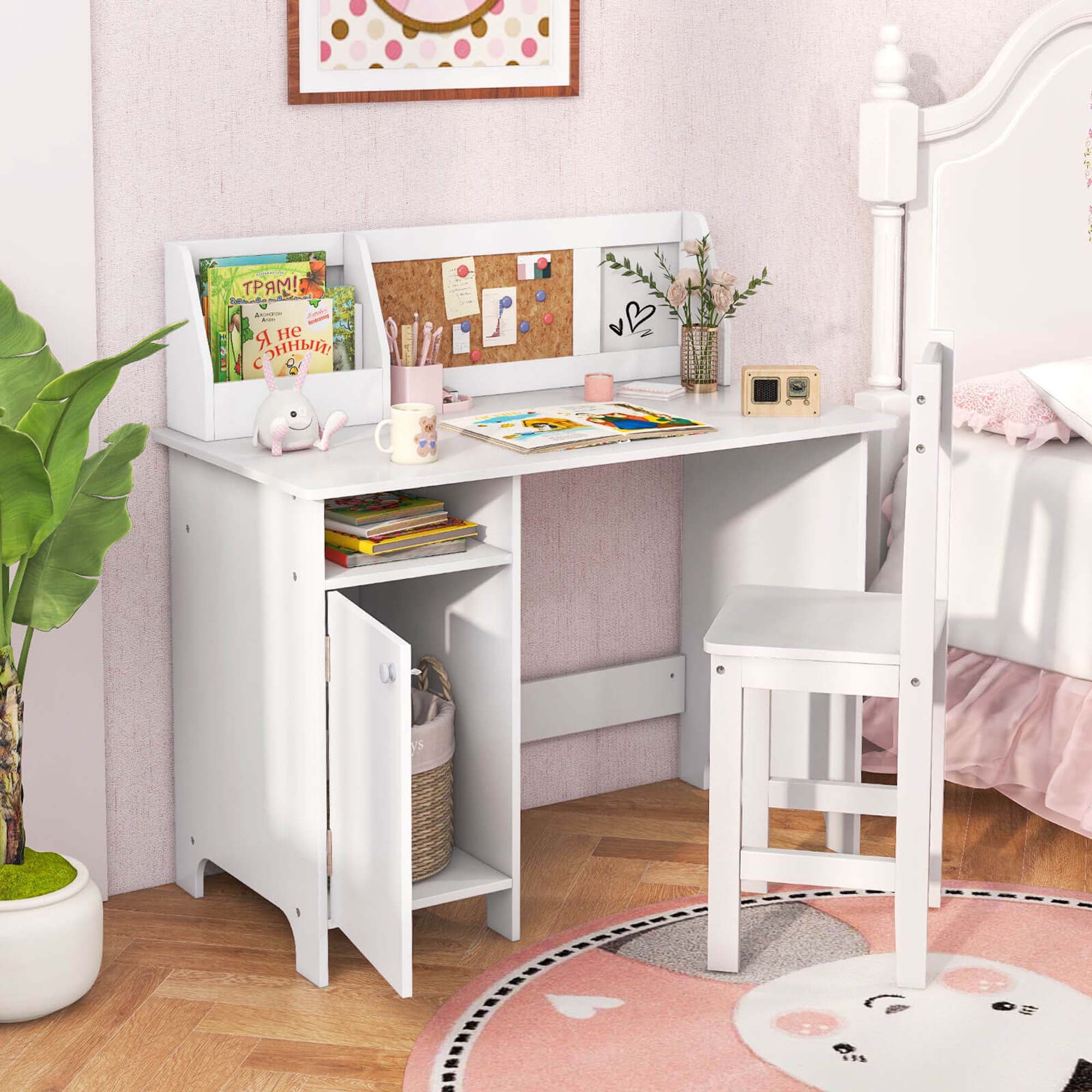 Costway Kids Study Desk Chair Children Table & Chair Set with Whiteboard White