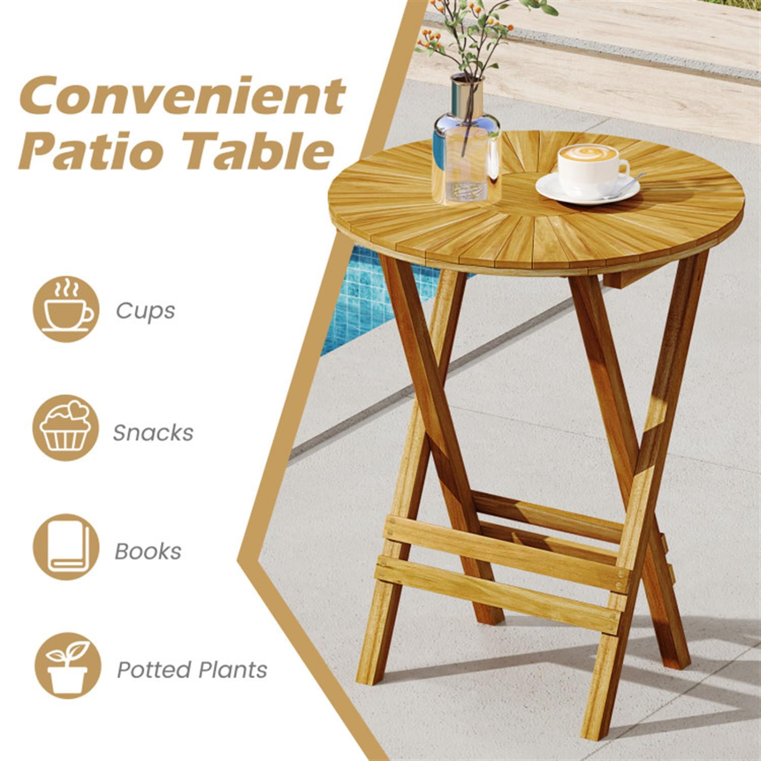 Demi Bonn Patio Folding Side Table Teak Wood Round End Table with Slatted Tabletop and X-Shaped Frame for Garden Yard Patio, Brown