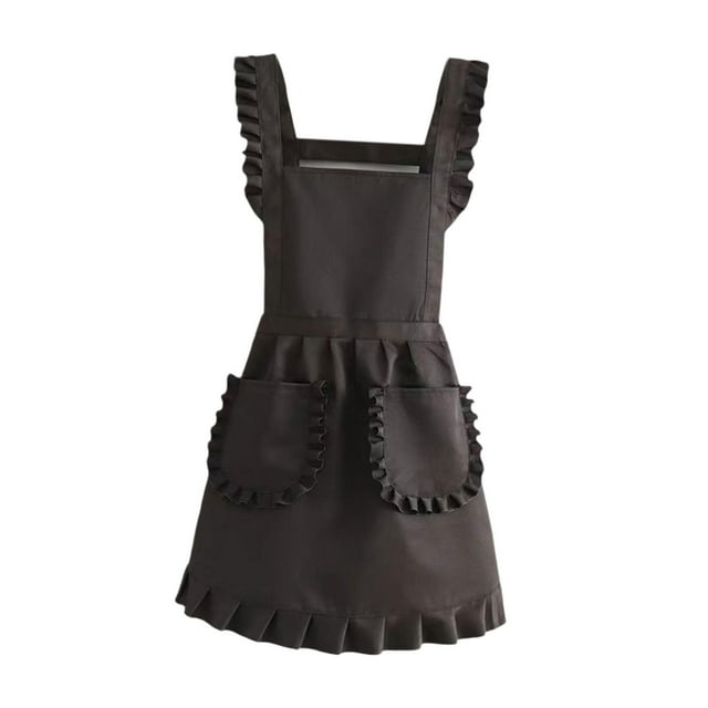 Delantal retro con volantes y bolsillos delanteros para damas, cocina, cafetería, encantador Negro