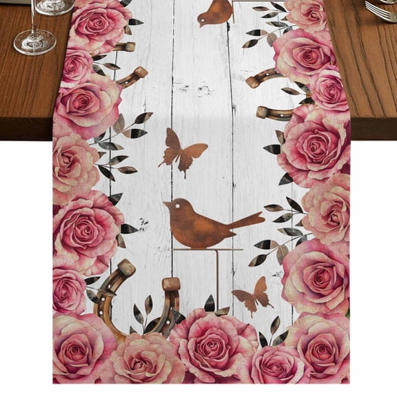 Table Runners 108 Inches Long Dress Scarves, Pink Roses Birds Farmhouse Coffee/Dining/Kitchen Table Runner for Living Room, Spring Floral Butterflies Gray Wooden 13x108 Inch