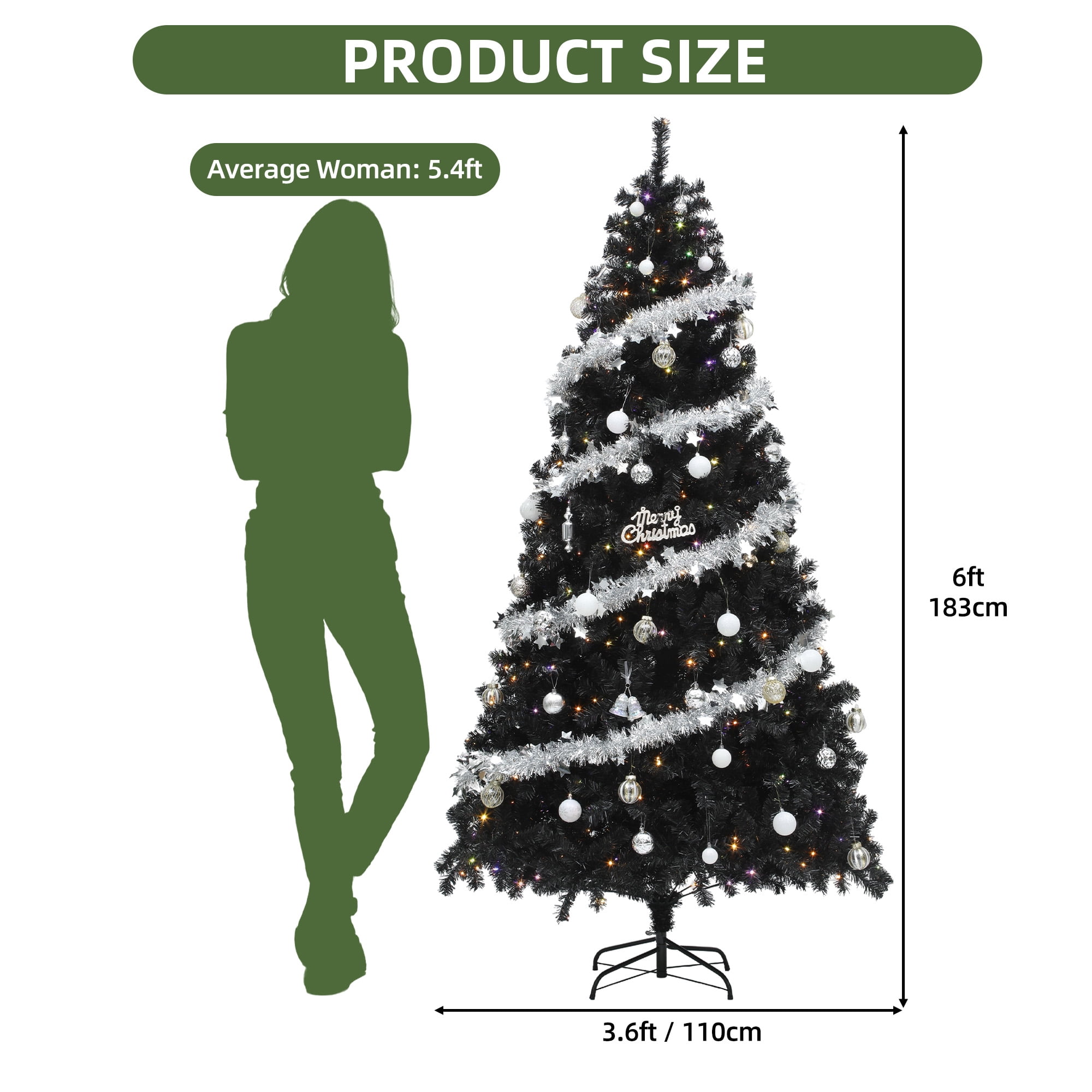 Uforic 6ft Pre-lit Artificial Pine Christmas Tree with 818 Branch Tips & 250 Lights, Remote Control, Black
